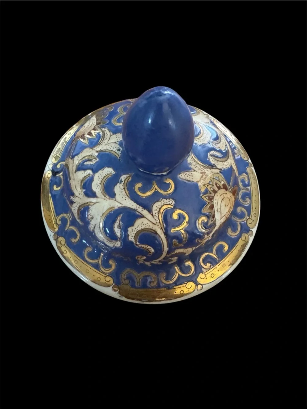 1940’s Blue, Gold & White Porcelain, Vintage WBI Jar with Hand-Painted Scene